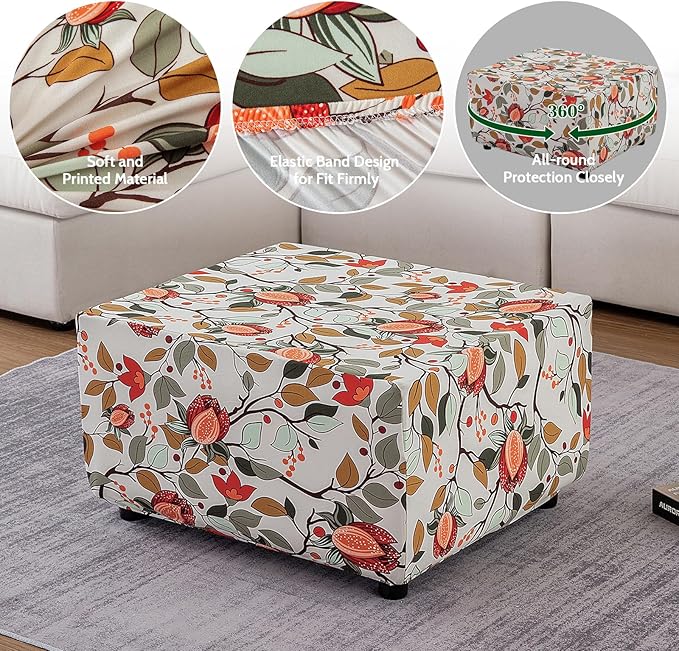 HAOYONG Ottoman Cover Square, Stretch Ottoman Slipcover Printed, SoftFoot Stool Cover Protector with Nonslip Elastic Bottom Removable Washable