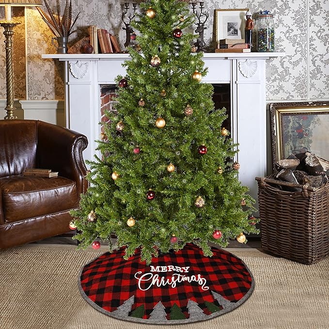 Juegoal 32 Inch Christmas Tree Skirt, Soft Red and Black Plaid Christmas Tree Mat for Xmas Party Decoration, Merry Christmas Base Cover for Christmas Tree Holiday Decor