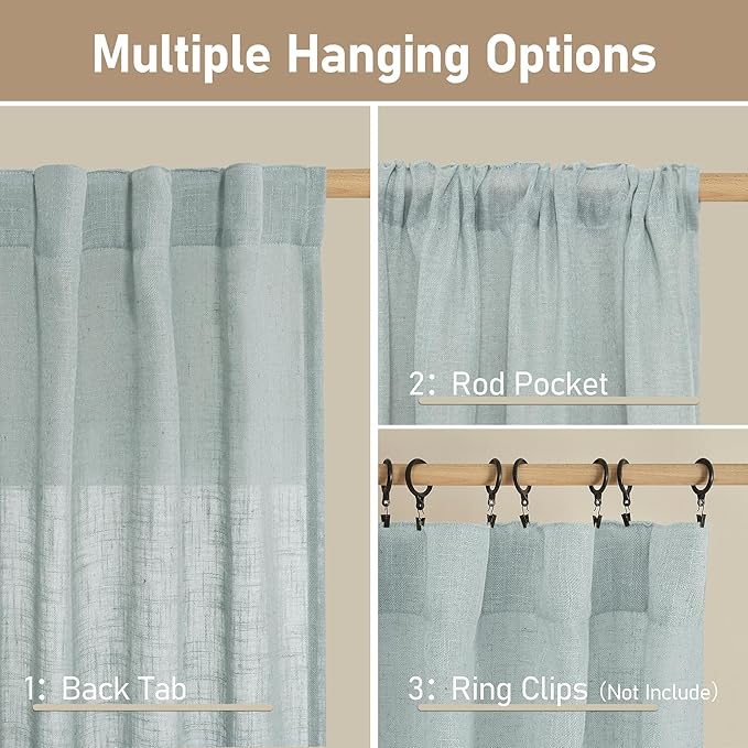 LAMIT Extra Wide Linen Curtains for Living Room, Light Filtering Faux Linen Textured Panels Semi Sheer Back Tab and Rod Pocket Boho Drapes for Farmhouse, 2 Panels, Greyish Blue, 60 x 63 Inch