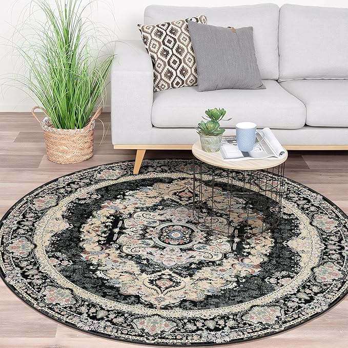 Black Round Rug 5ft, Circle Boho Area Rugs for Bedroom Living Room,Washable Vintage Bohemian Distressed Oriental Carpet Non Slip,Floral