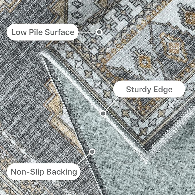 GENIMO Machine Washable 9x12 Area Rugs for Living Room, Non Slip Vintage Rugs, Low Pile Lightweight Chenille Print Rug for Bedroom, Dining Room, Home Office, Gray/Beige