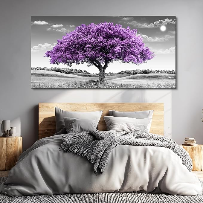 Large Canvas Wall Art for Living Room Wall Decor for Office Aesthetic Bedroom Wall Decorations Purple Tree Landscape Painting Black and White Pictures Artwork Room Modern Home Decor
