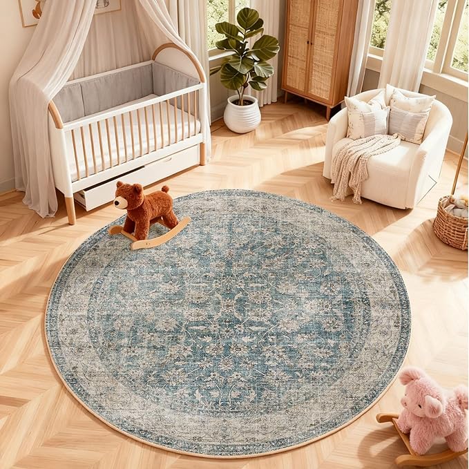 4x4 Round Living Room Rug: Washable Bedroom Rug Stain Resistant Boho Rug Non Slip Low Pile Small Carpet for Bedroom Kitchen Entryway Living Room Bedside Office Dorm Kids Room Entrance