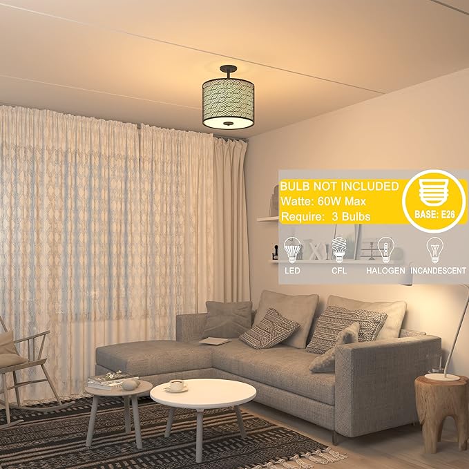 Inlight 14" Wide 3-Light Modern Drum Semi Flush Mount Ceiling Light with Black Metal Frame and White Fabric Shade, Bulb Not Included, IN-0347-3-BK