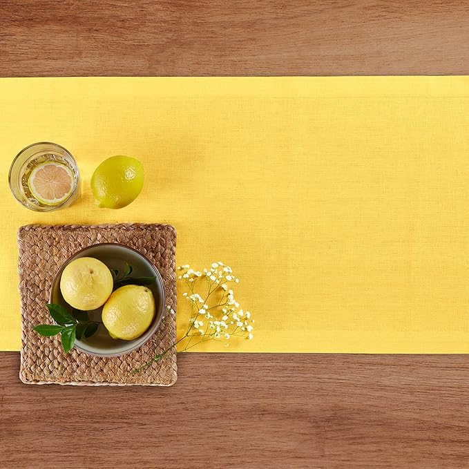 Solino Home Linen Table Runner 48 Inches - 100% Pure Linen Marigold Yellow Table Runner 14 x 48 Inch Ideal for Dresser and Coffee Tables, Spring, Easter - Diana Medium Weight