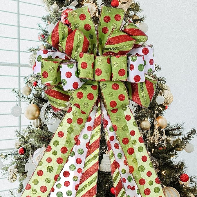Christmas Tree Topper Wreath Bow Large Green Christmas Bow Tree Topper, Red Green Dot Polyester Gift Bows for Xmas Ornament Holiday Home Thanksgiving Indoor/Outdoor Decoration 45"x13"