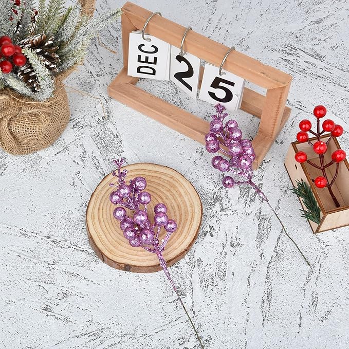 DearHouse 14 Pack Christmas Glitter Berries Stems, 7.8Inch Artificial Christmas Picks for Christmas Tree Ornaments, DIY Xmas Wreath, Crafts, Holiday and Home Decor (Light Purple)