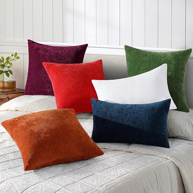 decorUhome Chenille Green Christmas Throw Pillow Covers 20x20 Inch Set of 2, Decorative Soft Couch Pillow Covers Solid Dyed Accent Farmhouse Neutral Square Pillow Cases for Sofa