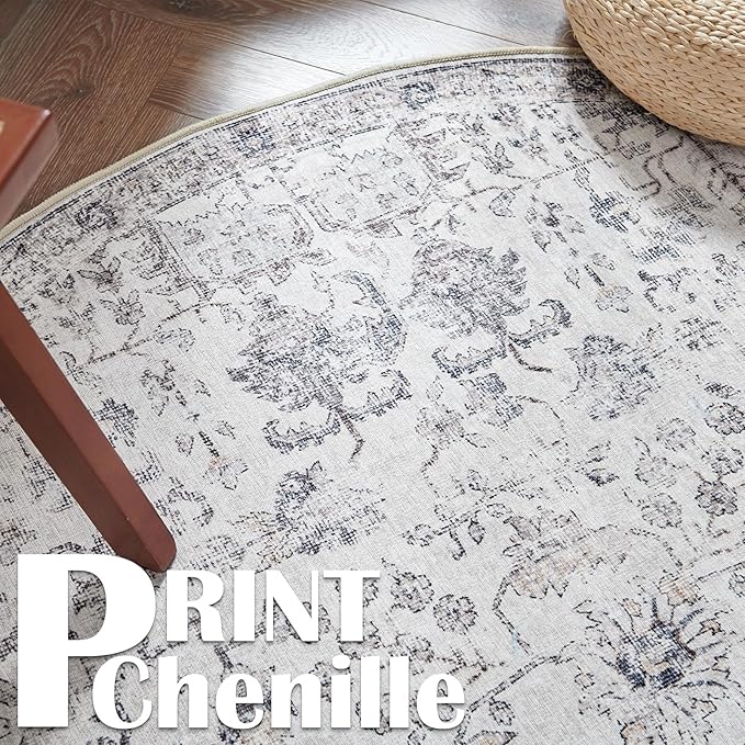 jinchan Kalen Round Rug 5ft Area Rug Washable Vintage Indoor Retro Entryway Floor Cover Distressed Gray Floral 5' Round Circle Boho Non Slip Thin Carpet for Bedroom Living Room Dining Room Grey