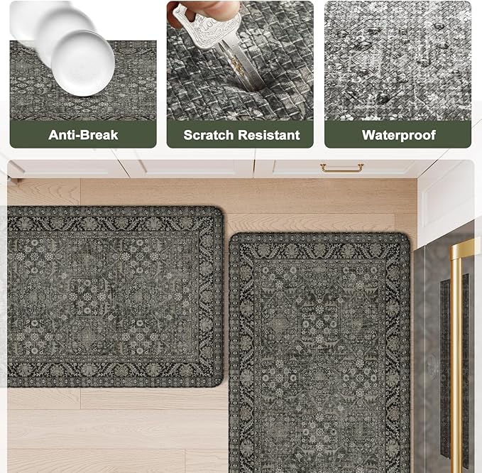 KIMODE Anti Fatigue Kitchen Mat, Cushioned Boho Distressed Kitchen Runner Rug, Non Slip Waterproof Kitchen Mat for Floor, Comfort Foam Standing Desk Mat for Laundry Office Sink Green/Grey 20"x39"