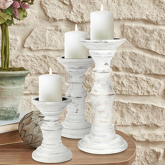 Candle Holder Stand Wooden, Pillar Candle Holders, Unity Candle Holders, Rounded Turned Colums, Country Style Ideal for Gift, Wedding, Christmas, Party, Spa - 10,8,6 Inch- Set of 3 - Antique White