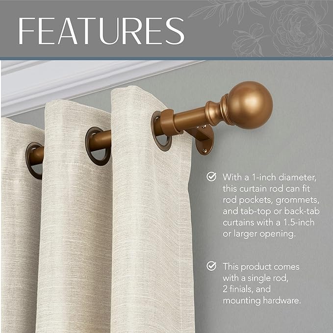 Elrene Home Fashions Cordelia Adjustable Single Curtain Rod with Globe Ball Finials, 1 Inch Diameter, Soft Gold, 48"-86"