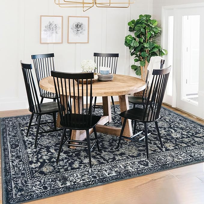 KILOCOCO Area Rug 5x7 Living Room Rug Washable Printed Vintage Floral Non Slip Soft Rubber Backed Indoor Bedroom Rugs for Laundry Room Kitchen Playroom Moroccan Area Rugs, Navy/Charcoal