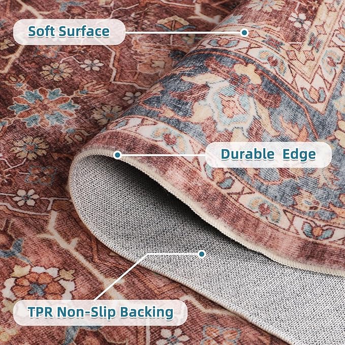 Dripex Vintage 5x7 Area Rugs - Large Washable Area Rug for Living Room Bedroom Oriental Medallion Floral Print Floor Carpet Low-Pile Indoor Soft Non-Slip Accent Rug Farmhouse Home Office Decor