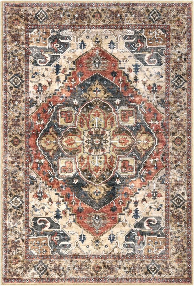 3x5 Washable Area Rug for Entryway, Terracotta Soft Boho Rug with Non-Slip, Low-Pile Vintage Floor Area Rugs for Living Room Bedroom Dining, Dorm Carpet with Non-Shedding