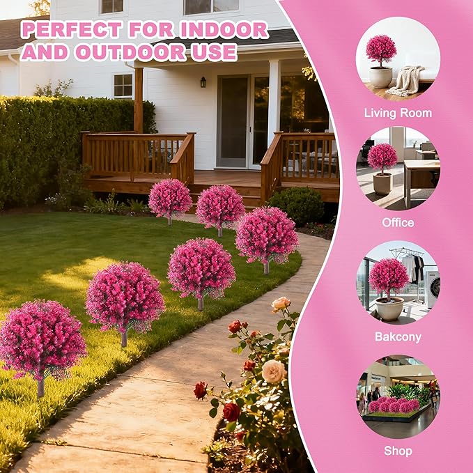 Set of 2 Artificial Boxwood Topiary Ball Trees, 23.6" Fake Tree with Ground Spike, UV Resistant Artificial Bushes, Fake Plants for Porch, Outdoors, Indoor, Garden and Patio (Pink)