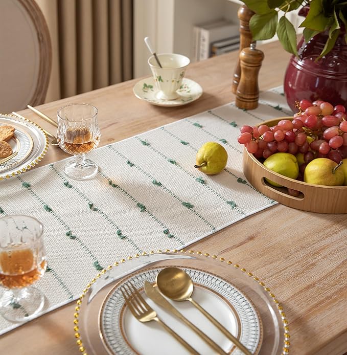 Caflife Boho Table Runner 90 Inchs Long for Modern Farmhouse Room Home Decor, Green and Beige Coffee Table Runner, Natural Cotton Woven with Tassels Neutral, for Kitchen Dining Table Decor