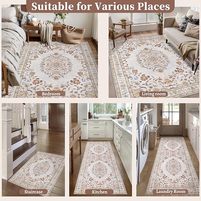 Tangsoo 2x3 Small Rug for Entryway, Washable Area Entry Rugs Non Slip, Persian Neutral Low Pile Soft Area Rugs, Indoor Front Door Boho Throw Rug for Entrance Kitchen Bedroom Bathroom Home Decor