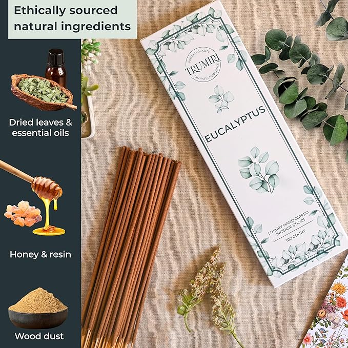 Eucalyptus Incense Sticks - Pack of 100 Insence-Sticks - Inciensos Aromaticos Made with Natural Essential Oil - Scented Insense Non Toxic Inscents