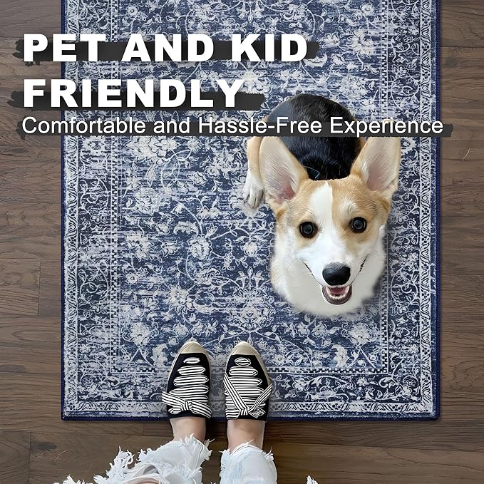 KILOCOCO Runner for Hallway 2.6x12 Runner Rug Printed Vintage Floral Washable Rug Kitchen Runners Soft Non-Slip Low Pile Hallway Runners Laundry Room Distressed Boho Rugs, Blue