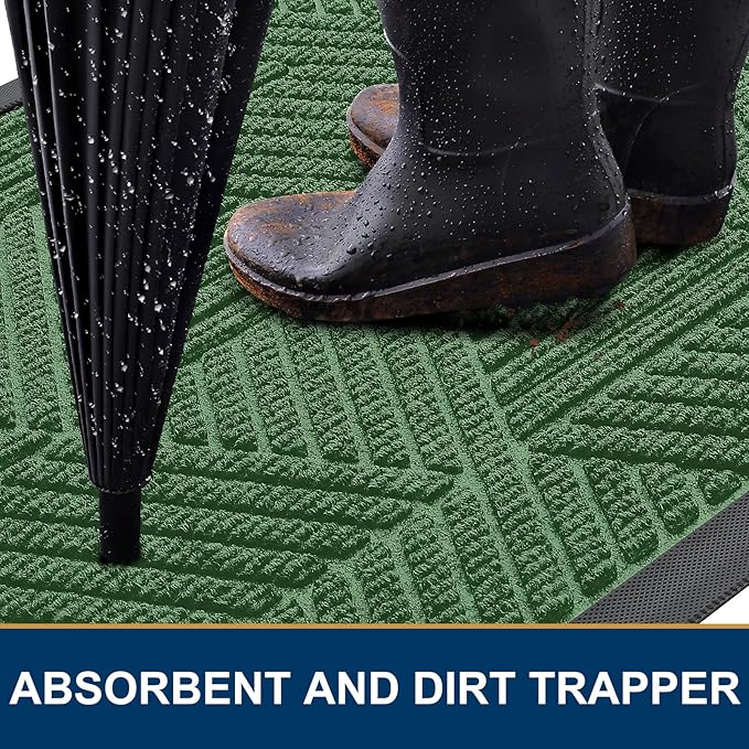 Smiry Front Door Mat Outside Entrance, Heavy Duty Sturdy Natural Rubber Doormat, Trap Dirt and Moisture, Easy Clean Low Profile Mats for Indoor Outdoor Entry, Irregular Triangle (71x47, Green)