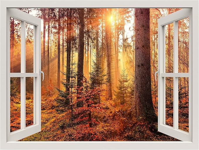 wall26 Removable Wall Sticker/Wall Mural Window View Autumn Fall Season Sunlight Tree Forest Wilderness Nature Photography Realism Rustic Landscape Colorful for Living Room, Bedroom, Office - 36"x48"