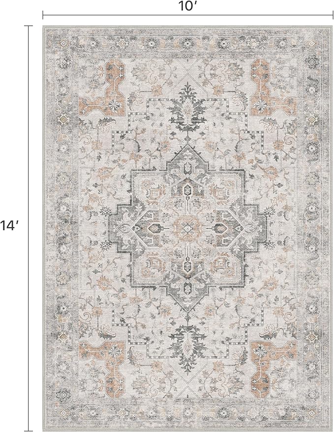 10x14 Area Rugs for Living Room, Non Slip Machine Washable Vintage Rugs, Low Pile Lightweight Print Large Rug for Bedroom, Dining Room, Home Office, Light Taupe Brown
