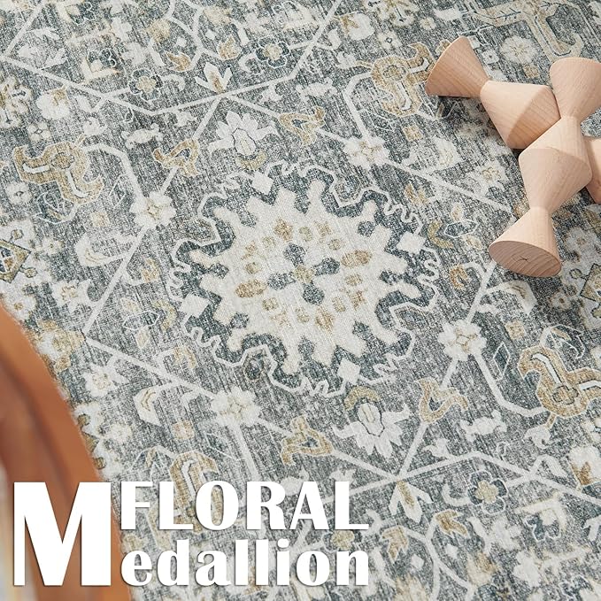 jinchan Area Rug 5x7 Washable Living Room Rug Vintage Distressed Gray Multi Floral Floor Cover Indoor Mat Retro Carpet Bedroom Kitchen Office Farmhouse Grey