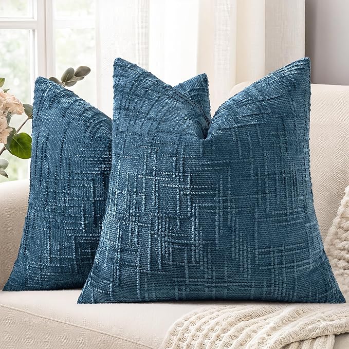 decorUhome Navy Blue Chenille Throw Pillow Covers 22x22 Set of 2 Thick Textured Slubby Couch Pillow Covers Farmhouse Accent Modern Neutral Decorative Pillow Cases for Bed Sofa Living Room