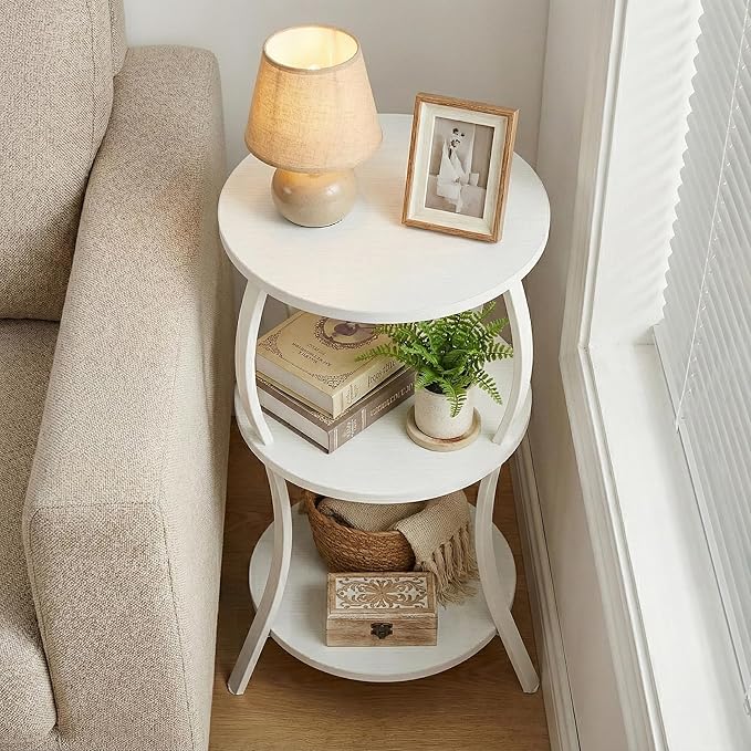 Vintage Small Round Side Table, 3-Tier Slim Waist Circular End Table with Storage Shelf, Compact Tea Sofa Table, Round Corner Coffee Table Nightstand for Living Room Bedroom Small Spaces,White