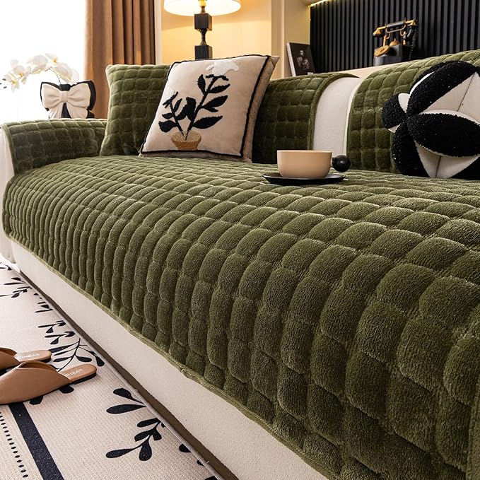Velvet Couch Cover, Washable Sectional Sofa Cover, Anti Slip Sofa Slipcover for 3 Cushion Couch Sofa L Shaped Armrest Backrest, Furniture Protector Covers for Pets Kids(1PC,Green,36"×71")