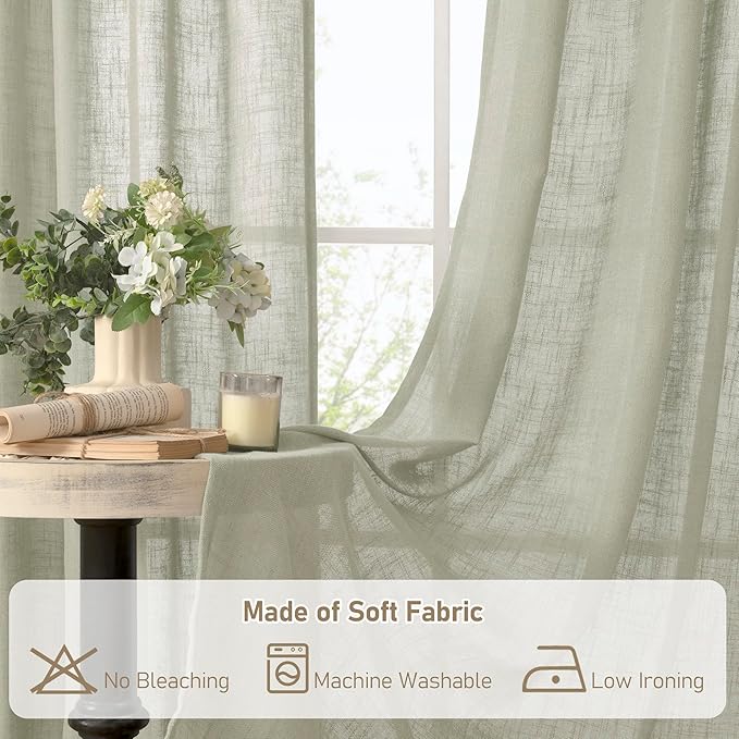 LAMIT Sheer Linen Curtains for Living Room, Back Tab and Rod Pocket Curtains Light Filtering Country Rustic Farmhouse Drapes for Bedroom/Farmhouse, 2 Panels, 52 x 102 Inch, Sage Grey