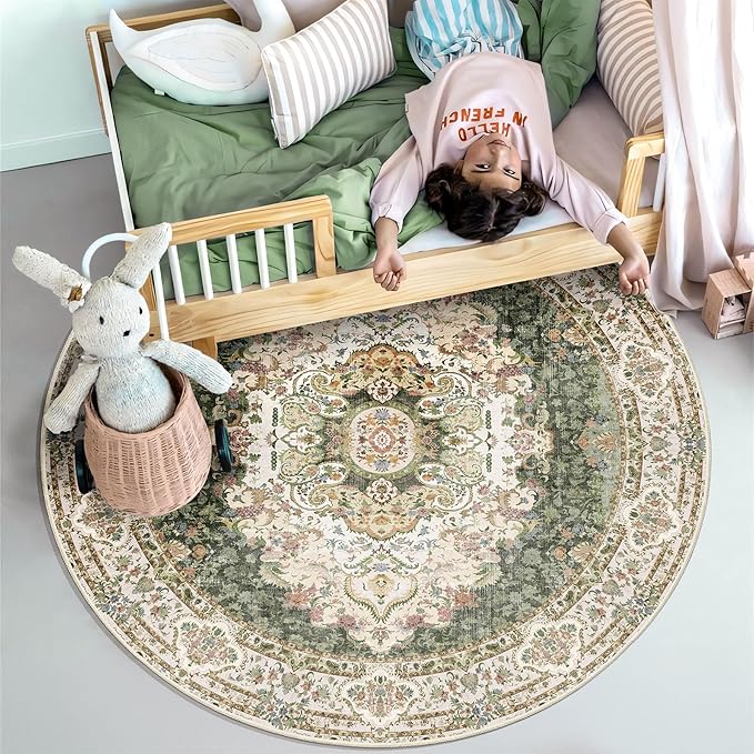 Green Round Rug 4ft,Circle Washable Area Rugs for Bedroom Bathroom Entryway,Boho Vintage Bohemian Distressed Oriental Carpet Non Slip,Sage Floral
