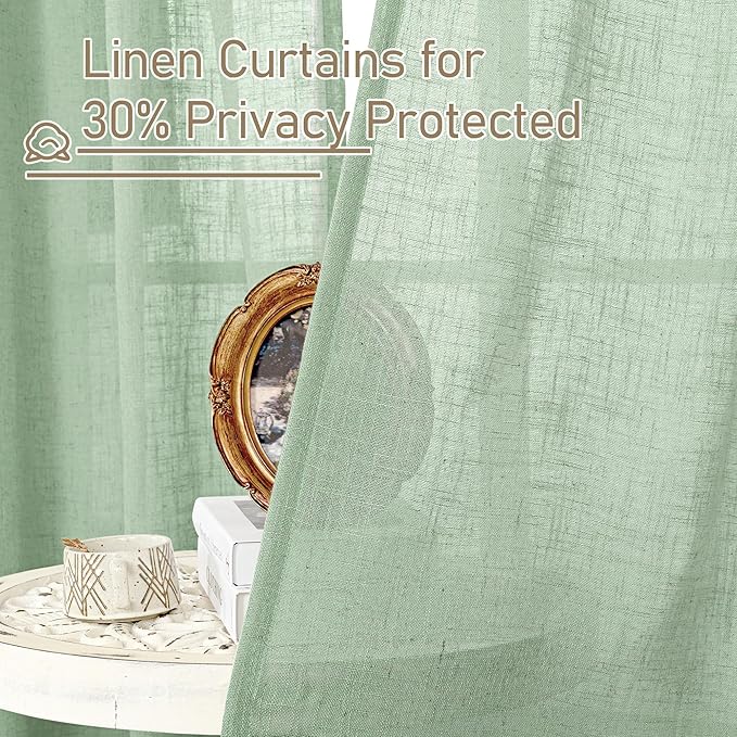 LAMIT Fresh Green Linen Curtains for Living Room, 80 Inch Faux Linen Textured Light Filtering Drapes Back Tab and Rod Pocket Boho Panels for Farmhouse/Bedroom/Porch, 52 x 80 Inch, 2 Panels Set