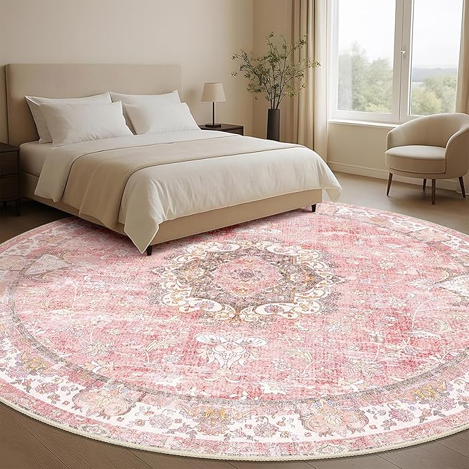Large Pink Round Rug 9ft,Boho Circle Area Rugs for Bedroom Living Room,Washable Vintage Bohemian Distressed Oriental Floral Carpet Non Slip,Blush Floral Flowers