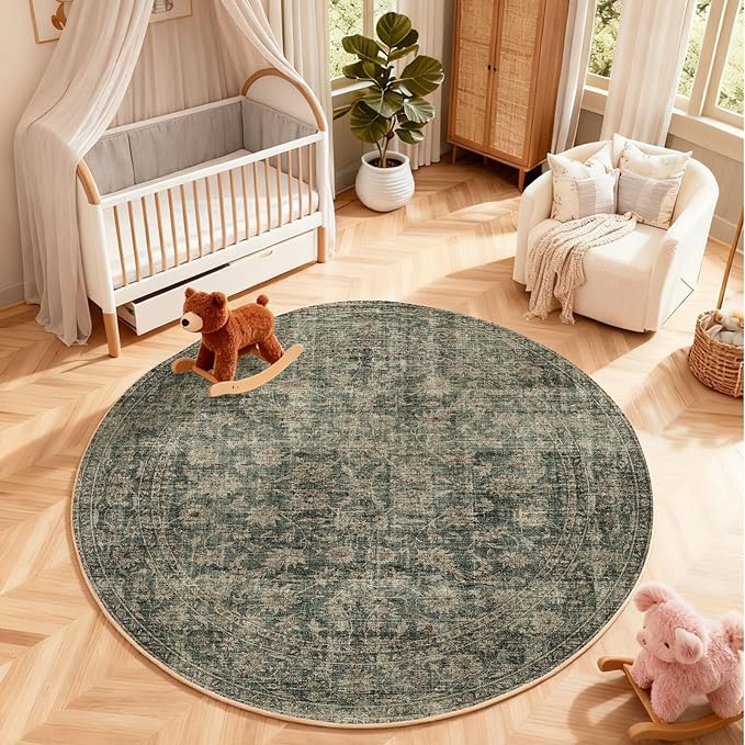 4x4 Round Bedroom Rug Washable: Living Room Rug Stain Resistant Non Slip Low Pile Small Carpet for Bedroom Kitchen Entryway Living Room Bedside Office Dorm Kids Room Entrance
