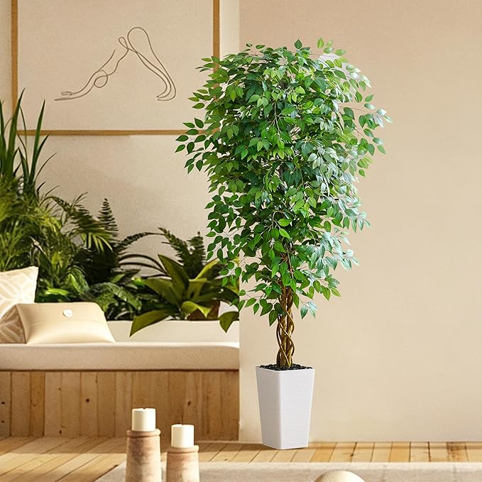 Artificial Ficus Tree 6FT Faux Floor Tree with Planter UV Resistant Potted Fake Silk Plant - Indoor Outdoor Lifelike Fake Ficus Tree for Home, Living Room Bedroom Topiary Tree