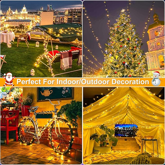 2 Pack Christmas Lights Outdoor, Total 200FT 600LED Christmas Tree Lights with 8 Modes Waterproof, Warm White String Twinkle Lights Green Wire for Indoor Patio Garden Xmas Holiday Decorations