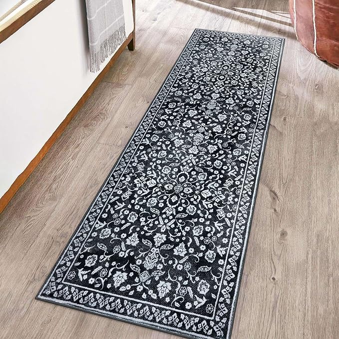 Vintage Washable Runner Rug 2x6, Black White Runners for hallways, Super Soft Kitchen Runner Rug Non Slip, Printed Faux Wool Floral Thin Carpet Runner for Entryway Laundry Room Bedroom