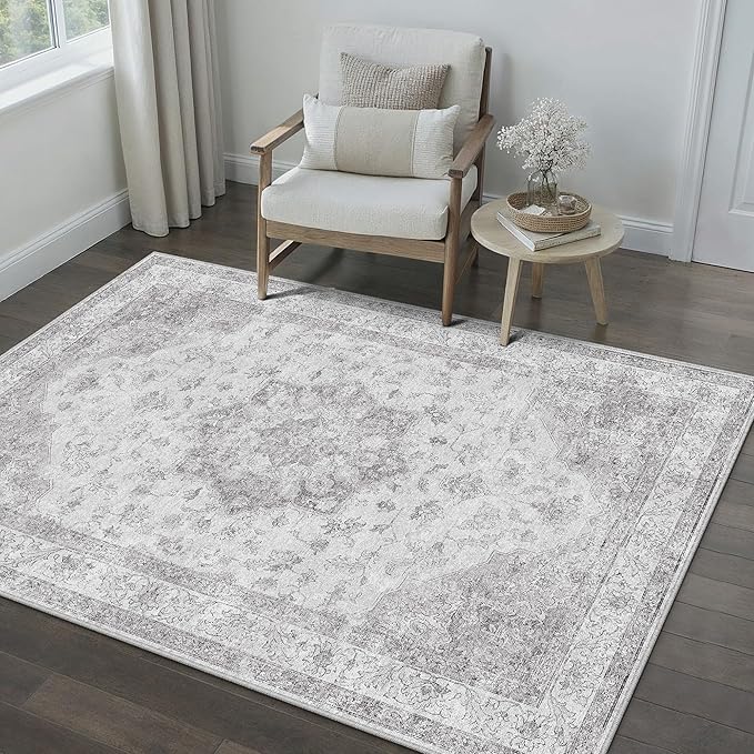 Gray Area Rug 3x4 Washable Vintage Carpet Entryway Office Soft Retro Kitchen Low Pile Thin Door Mat Non Slip Grey Oriental Medallion Throw Small Rug for Bathroom Bedroom Dining Living Room
