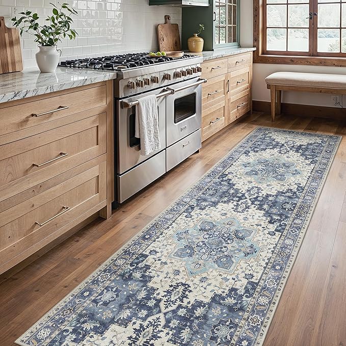 2'6''x8 Runner Rugs for Hallway, Machine Washable Non Slip Vintage Rugs, Low Pile Lightweight Soft Print Rug for enrtyway, Corridor, Home Office, Kitchen, Center Blue