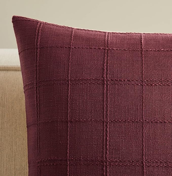 ZeeMart Linen Checked Lumbar Throw Pillow Covers Set of 2, 12x20 Inch Burgundy/Cream, Farmhouse Decorative Single Sided Grid Embroidered Couch Pillow Cases Red Cotton Linen Cushion Covers