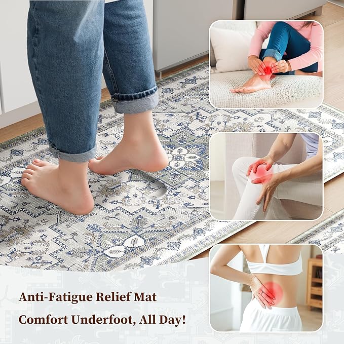 Boho Kitchen Mats for Floor 2 Piece Set Anti Fatigue Cushioned PVC Kitchen Rugs Non Slip Waterproof Farmhouse Mats 2/5 Inch Comfort Standing Mat for Sink, Laundry, 17.3"x47"+17.3"x28", Blue Grey