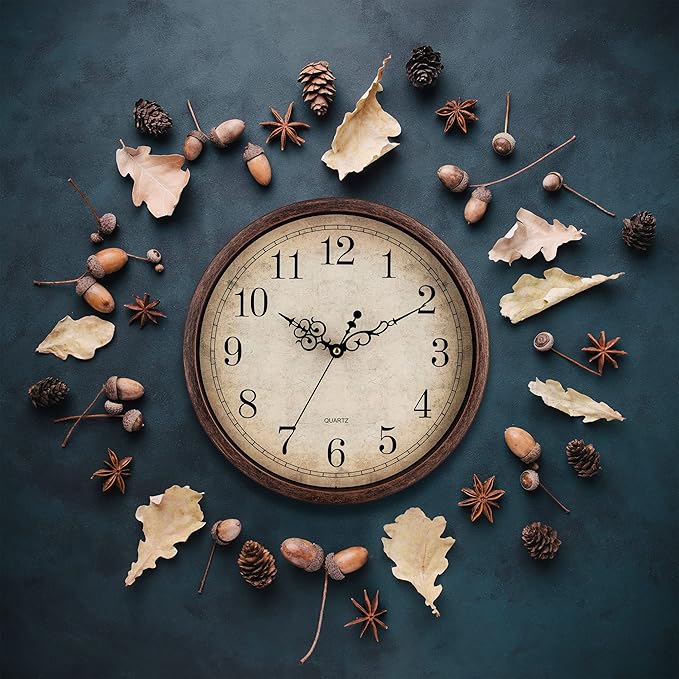 Bernhard Products Vintage Brown Wall Clock Silent Non Ticking 12 Inch Quality Quartz Battery Operated Round Decorative Easy to Read for Home Kitchen Living/Dining Room Bedroom Office Classroom School