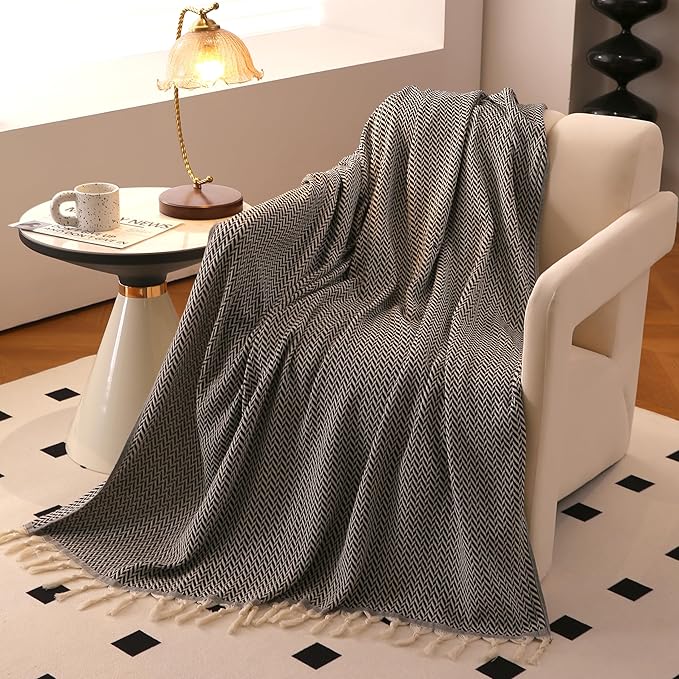 Peshtemania Premium Cotton Light Weight Boho Throw Blanket 50”x60” Gray Black and Off White for Bed Chair Couch Farmhouse Turkish Throws for Sofa Bedroom Outdoor Fall Throw Blanket Yoga Blanket