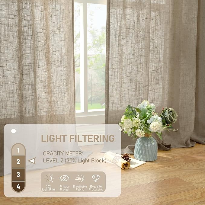 LAMIT Taupe Linen Curtains 54 Inch Length 2 Panels, Light Filtering Panels Back Tab and Rod Pocket Country Decor Drapes for Bathroom/Window/Bedroom, 52 x 54 Inch
