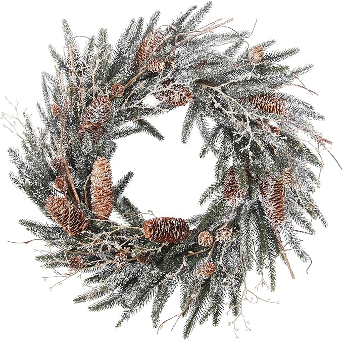 24 Inch Snow Flocked Norfolk Pine Winter Wreath with Twig & Pinecone- Artificial Winter Wreaths for Front Door Porch Wall Window Porch Fireplace Outdoor Decor