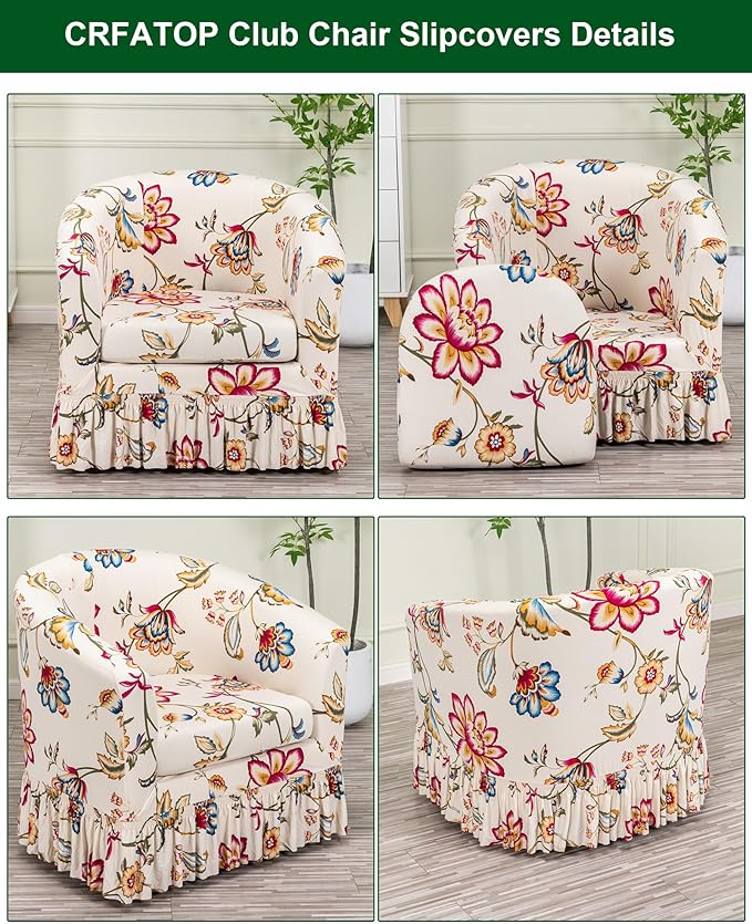 CRFATOP 2 Piece Club Chair Slipcover with Skirt Printed Tub Armchair Covers with Seat Cushion Cover Soft Printed Round Barrel Furniture Protector for Bar Counter Living Room,C10