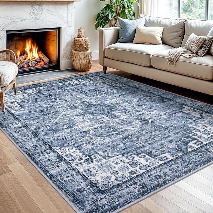 5x7 Oriental Area Rug for Living Room, Machine Washable Large Blue Printed Area Rug Non-Slip, Ultra Soft Vintage Floral Tribal Traditional Farmhouse Carpet for Dining Room Bedroom Home Décor