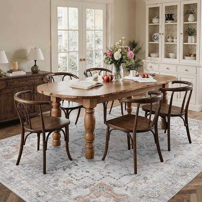 8x10 Area Rugs for Living Room, Machine Washable Non Slip Vintage Rugs, Low Pile Lightweight Print Rug for Bedroom, Dining Room, Home Office, Light Taupe Brown